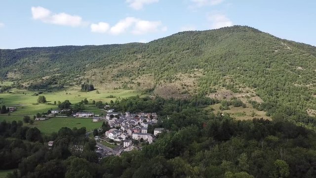 aerial view of french mountain village in Pyrenees, Aude in southern of France
