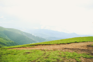 The summer green Carpathian mountains in Ukraine. The sky is over the mountains. Atmospheric landscapes while traveling on a jeep. Offroad expedition