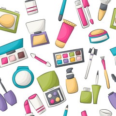 Makeup and beauty seamless pattern. Colorful girly and childish decor repeat background. Hand drawn cartoon style design concept. Vector illustration.