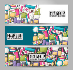 Makeup and beauty horizontal banner set. Cute header for invitation, advertisement, web page. Hand drawn cartoon style design concept. Vector illustration.