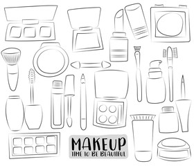 Makeup and beauty set of icons and objects. Hand drawn cartoon style design concept. Black and white outline coloring page kids game. Monochrome line art. Vector illustration.