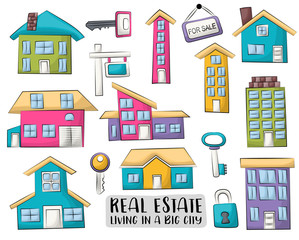 Real estate business set of icons and objects. Hand drawn cartoon style design concept. Vector illustration.