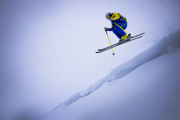 A skier jumps with a bad view