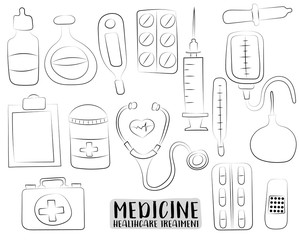 Medicine and healthcare set of icons and objects. Hand drawn cartoon style medical clinic design concept. Black and white outline coloring page kids game. Monochrome line art. Vector illustration.