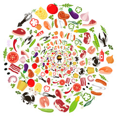 Set of vegetables for grilling. Round logo of vegetables and meat with a grill in the center