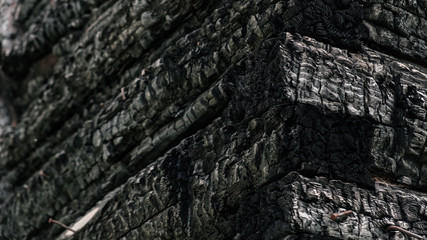 charred wooden wall of a house after a fire