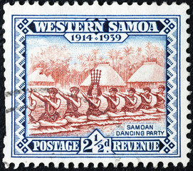 Traditional samoan dancing party on old postgae stamp
