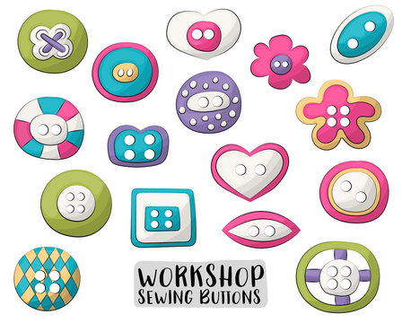 Sewing buttons set of icons and objects. Hand drawn doodle cartoon style craft workshop design concept. Vector illustration.