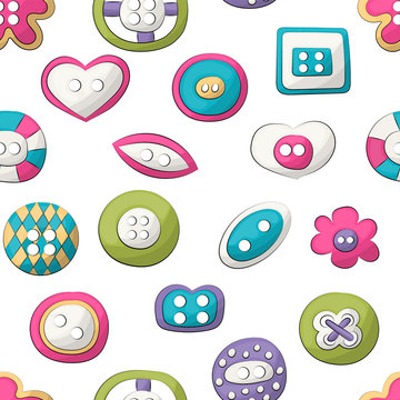 Sewing buttons seamless pattern. Colorful childish decor repeat background. Hand drawn doodle cartoon style craft workshop design concept. Vector illustration.