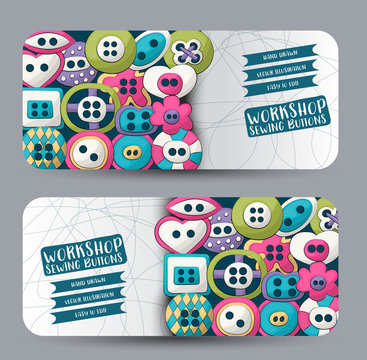 Sewing buttons horizontal banner set. Cute header for invitation, advertisement, web page. Hand drawn  doodle cartoon style craft workshop design concept. Vector illustration.