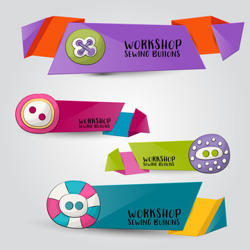 Sewing buttons horizontal banner set. Cute header for invitation, advertisement, web page. Hand drawn  doodle cartoon style craft workshop design concept. Vector illustration.