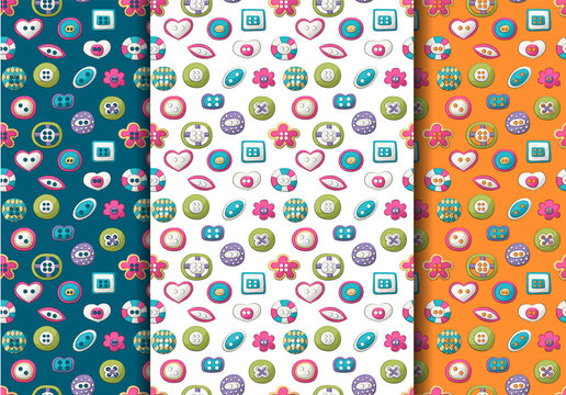 Sewing buttons seamless pattern set. Colorful childish decor repeat background. Hand drawn doodle cartoon style craft workshop design concept. Vector illustration.