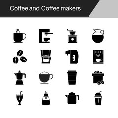Coffee and Coffee makers icons. Design for coffee shop, mobile application, web design, infographics.