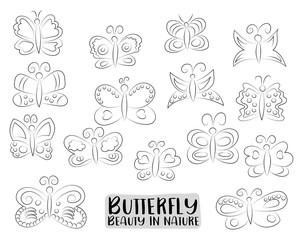Tropical butterflies set of icons and objects. Hand drawn cartoon style summer or spring design concept. Black and white outline coloring page kids game. Monochrome line art. Vector illustration.