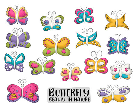 Tropical butterflies set of icons and objects. Hand drawn cartoon style summer or spring design concept. Vector illustration.