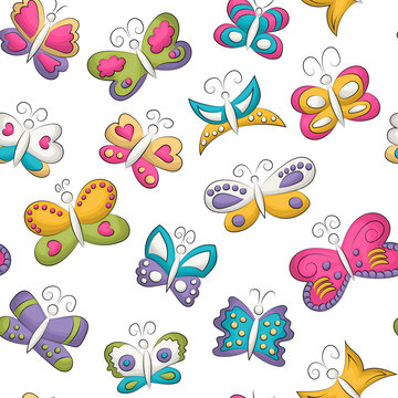Tropical butterflies seamless pattern. Colorful girly and childish decor repeat background. Hand drawn doodle cartoon style summer or spring design concept. Vector illustration.