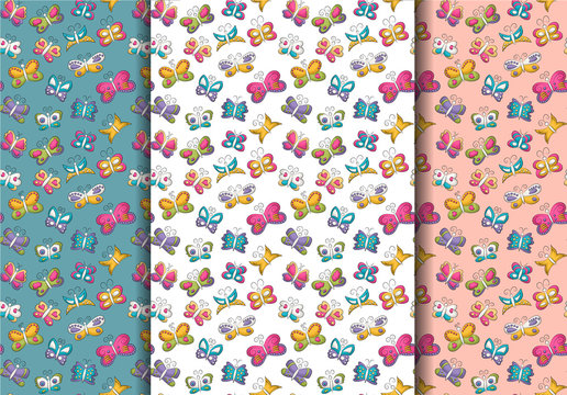 Tropical butterflies seamless pattern set. Colorful girly and childish decor repeat background. Hand drawn doodle cartoon style summer or spring design concept. Vector illustration.