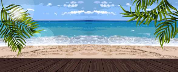 Summer sea and palm leaves background Vector realistic. blur effect templates