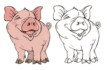 Cute pig in color and black and white, coloring page, vector illustration