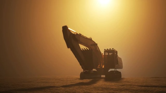 Big excavator machine working on an empty, dark, foggy construction site. 4KHD
