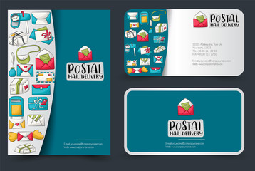 Postal service flyer and business cards set. Background for advertisement, invitation, brochure template. Hand drawn doodle cartoon style mail and package delivery courier concept.
