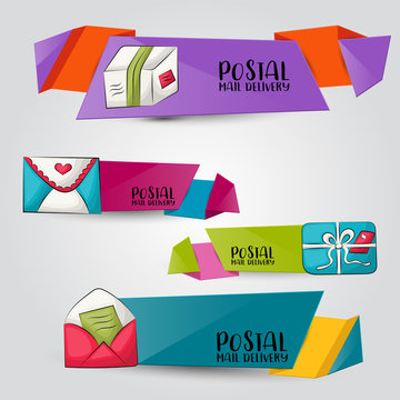 Postal service horizontal banner set. Cute header for invitation, advertisement, web page. Hand drawn  doodle cartoon style mail and package delivery courier design concept. Vector illustration.