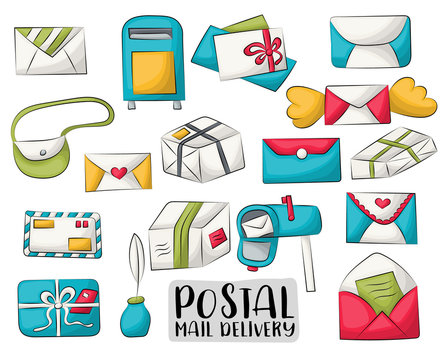Postal service set of icons and objects. Hand drawn doodle cartoon style mail and package delivery courier design concept. Vector illustration.