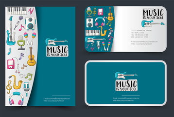 Music art flyer and business cards set. Background for advertisement, invitation, brochure template. Hand drawn doodle cartoon style modern musical trends concept. Vector illustration.