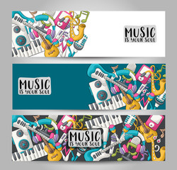 Music art horizontal banner set. Cute header for invitation, advertisement, web page. Hand drawn  doodle cartoon style modern musical trendsdesign concept. Vector illustration.