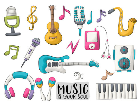 Music art set of icons and objects. Hand drawn doodle cartoon style modern musical trends design concept. Vector illustration.