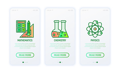 Back to school thin line icons set: mathematics, chemistry, physics. Modern vector illustration.