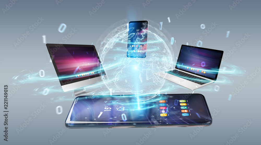 Poster modern devices connected to each other 3d rendering