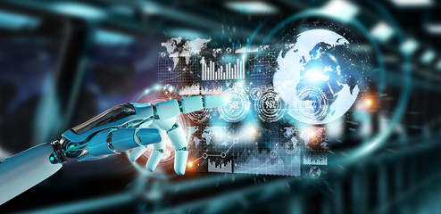 White cyborg hand using digital datas interface 3D rendering