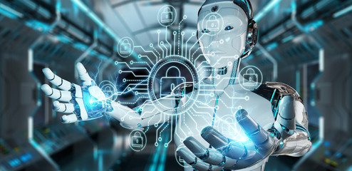 White robot on blurred background hacking and accessing private cyber datas