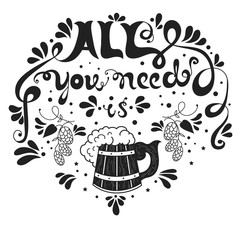 Beer. Hand drawn illustration with lettering and decoration elements.