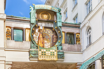 Popular tourist attraction in the Old Town of Vienna - Ankeruhr (Anker clock). Art Nouveau