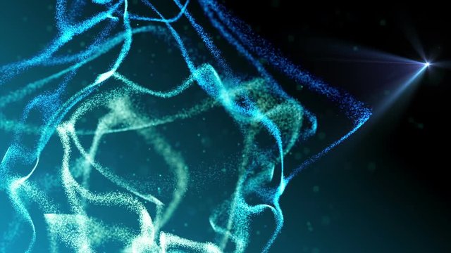 Blue particles evolving in an abstract technology motion background. Futuristic information technology and cloud data concept. Loop. Organic motion. Depth of field settings. 3D rendering.