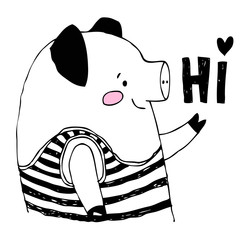 Pig hand drawn  ink illustration isolated on white