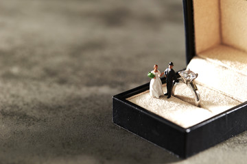 Miniature couple with engagement ring 