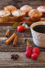 Fototapeta na wymiar Autumn coffee break with apple muffins