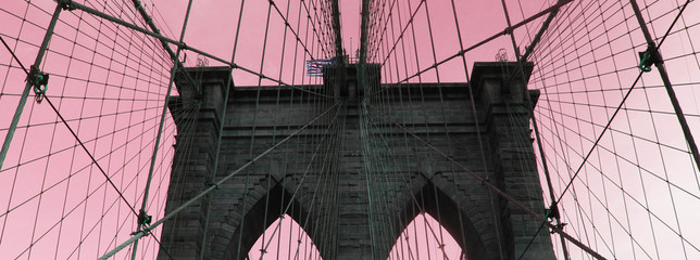 Website banner of Brooklyn bridge in pink background. Concept of New York blog header and American...