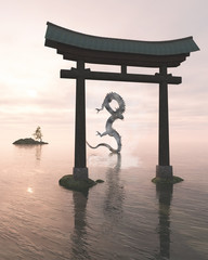 Oriental Dragon in the Sea Mist Behind a Shrine Gate - fantasy illustration