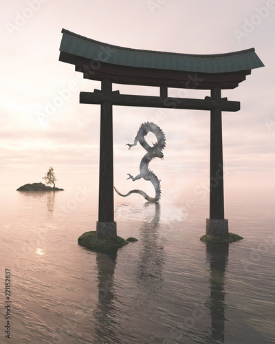 "Oriental Dragon in the Sea Mist Behind a Shrine Gate - fantasy illustration" Stock photo and royalty-free images on Fotolia.com - Pic 221152837