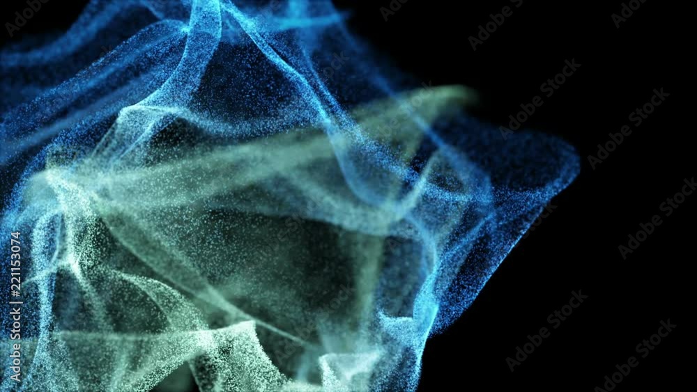 Poster Blue particles and plexus structure evolving in an abstract technology motion background. Futuristic information technology and cloud data concept. Loop. Organic motion. Depth of field. 3D rendering.