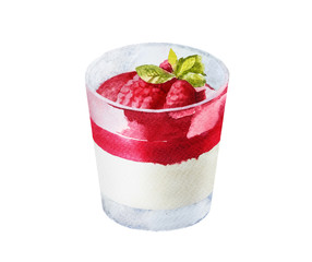 Watercolor drawing of raspberry dessert, art painting of dessert, hand-made illustration