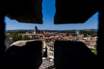 selective focus of beautiful architecture and panoramic Avignon cityscape, provence, france