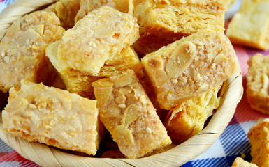 Almond puff pastry in the basket.
Puff pastry menu.