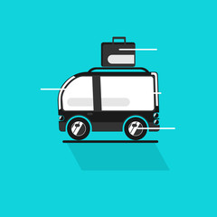 Summer vacation road trip. Car with luggage suitcase on roof rack. Flat vector on a square background.