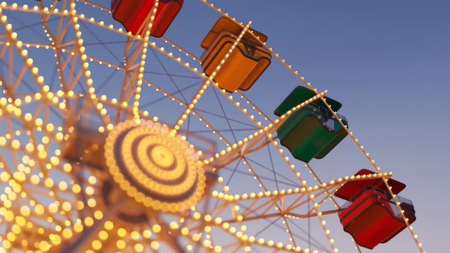 Fun Ferris wheel amusement ride, loopable carousel attraction. Carnival dusk. 4K