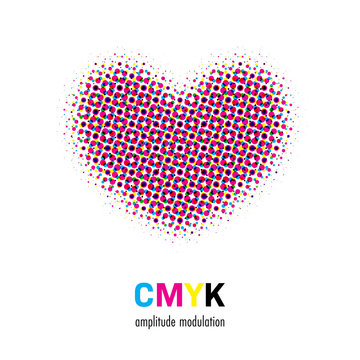 Abstract Halftone Heart Shape In CMYK Colors. Vector Illustration